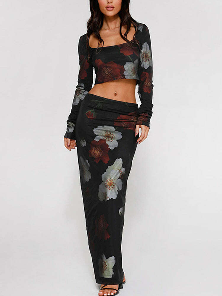 Flower Print Two Piece Suit for Women - Y2K Fashion Coquette Aesthetic Grunge Style Cargo Skirt