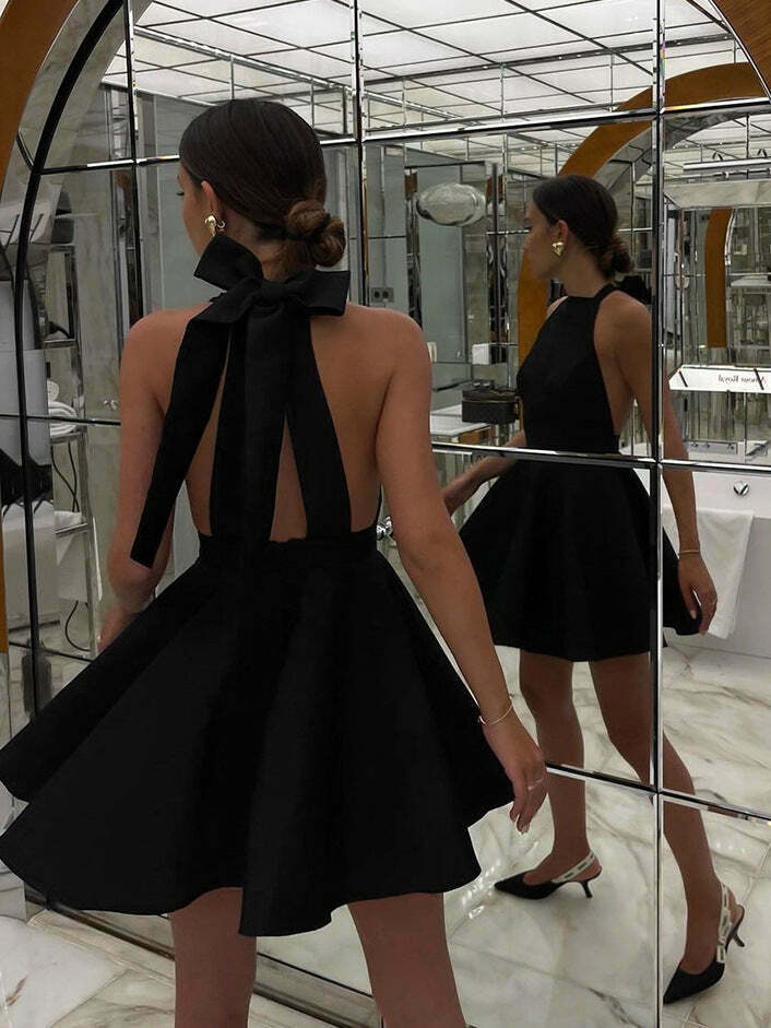 French Black Sleeveless Halter Dress - Elegant Y2K Fashion for Women with a Coquette Aesthetic