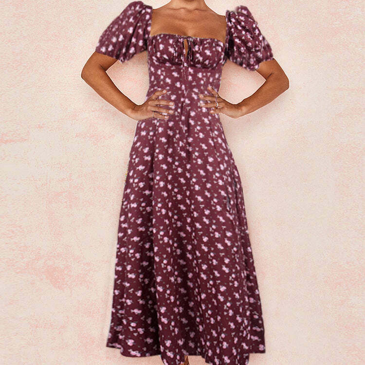 French Floral Printed Backless Long Dress - Coquette Aesthetic for Women's Y2K Fashion French Floral Printed Backless Long Dress - Coquette Aesthetic for Women's Y2K Fashion