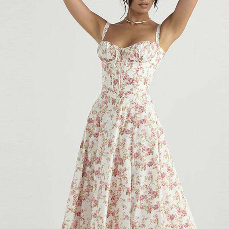 French Floral Printed Backless Long Dress - Coquette Aesthetic for Women's Y2K Fashion French Floral Printed Backless Long Dress - Coquette Aesthetic for Women's Y2K Fashion