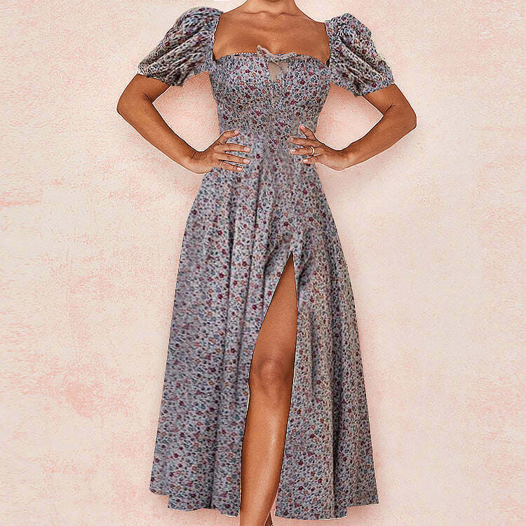 French Floral Printed Backless Long Dress - Coquette Aesthetic for Women's Y2K Fashion French Floral Printed Backless Long Dress - Coquette Aesthetic for Women's Y2K Fashion