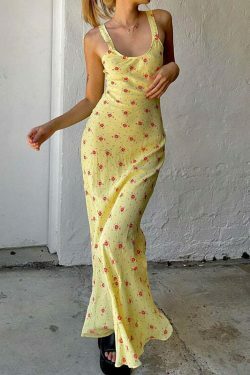 French Floral Suspender Beach Fishtail Maxi Dress - Y2K Aesthetic Fashion for Women