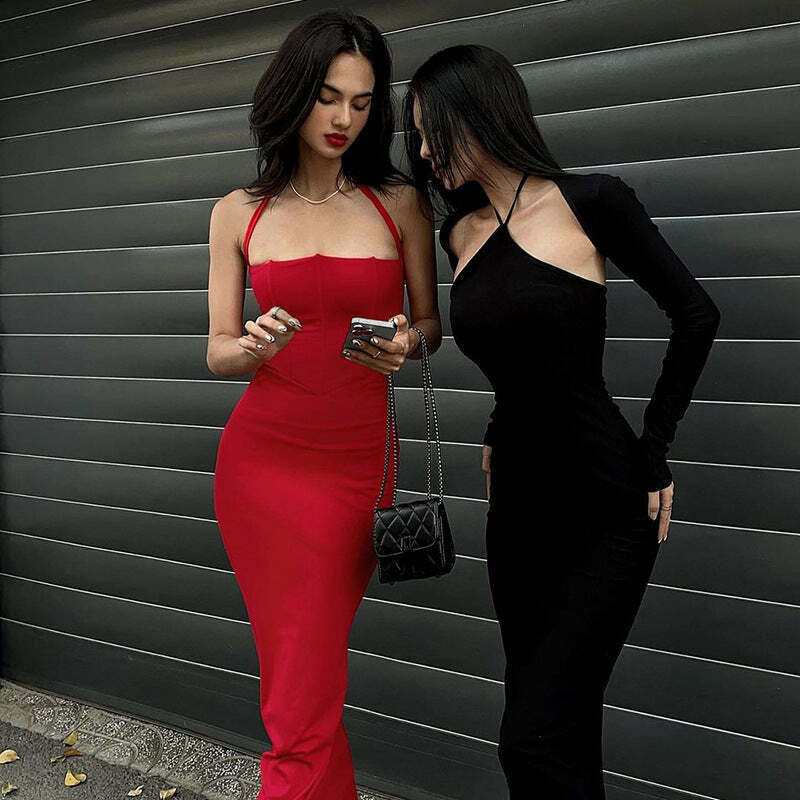 French Halter Neck Long Slim Dress - Y2K Fashion Statement for Women - Coquette Aesthetic Elegance