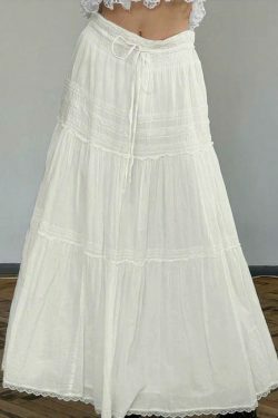 French Lace Splice Drawstring Maxi Skirt - Elegant Y2K Fashion with Coquette Aesthetic