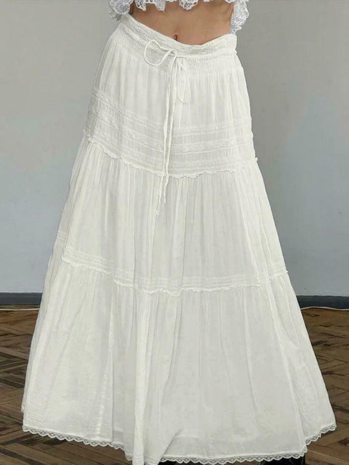 French Lace Splice Drawstring Maxi Skirt - Elegant Y2K Fashion with Coquette Aesthetic