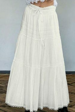 French Lace Splice Drawstring Maxi Skirt - Elegant Y2K Fashion with Coquette Aesthetic