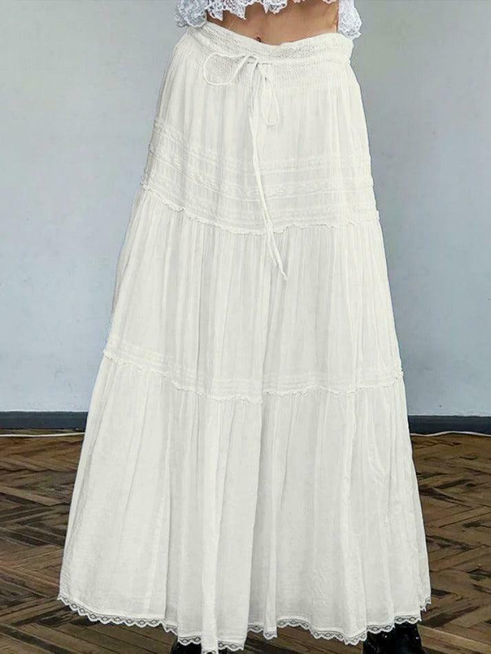 French Lace Splice Drawstring Maxi Skirt - Elegant Y2K Fashion with Coquette Aesthetic