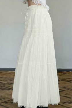 French Lace Splice Drawstring Maxi Skirt - Elegant Y2K Fashion with Coquette Aesthetic