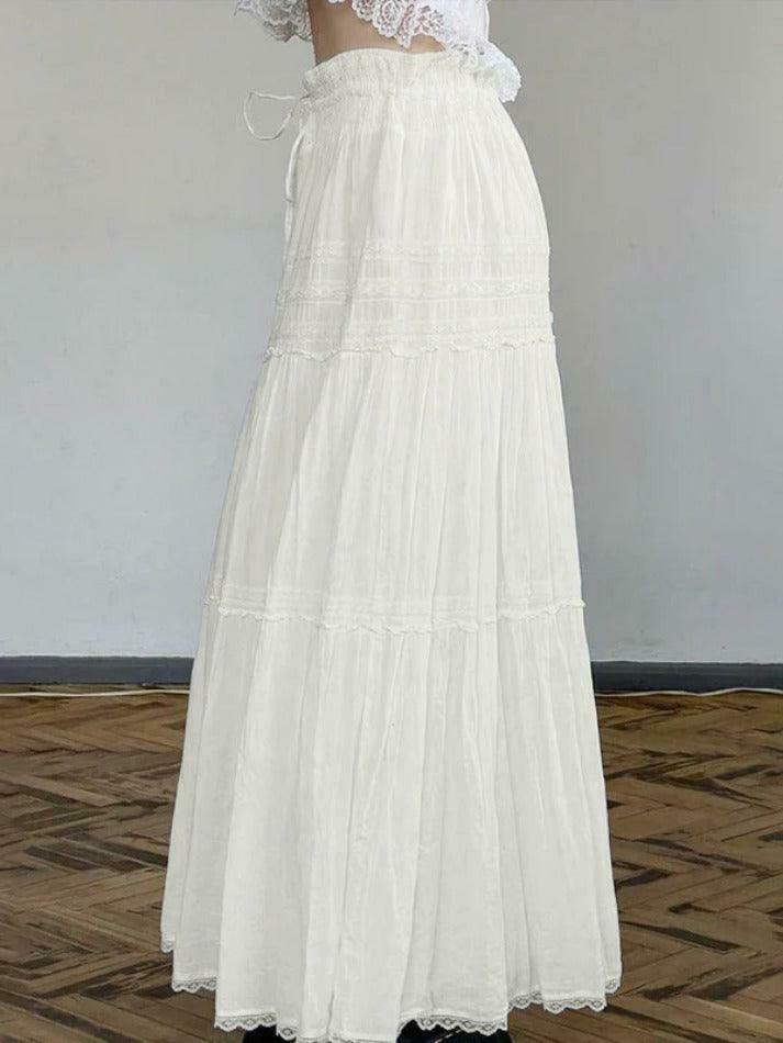 French Lace Splice Drawstring Maxi Skirt - Elegant Y2K Fashion with Coquette Aesthetic