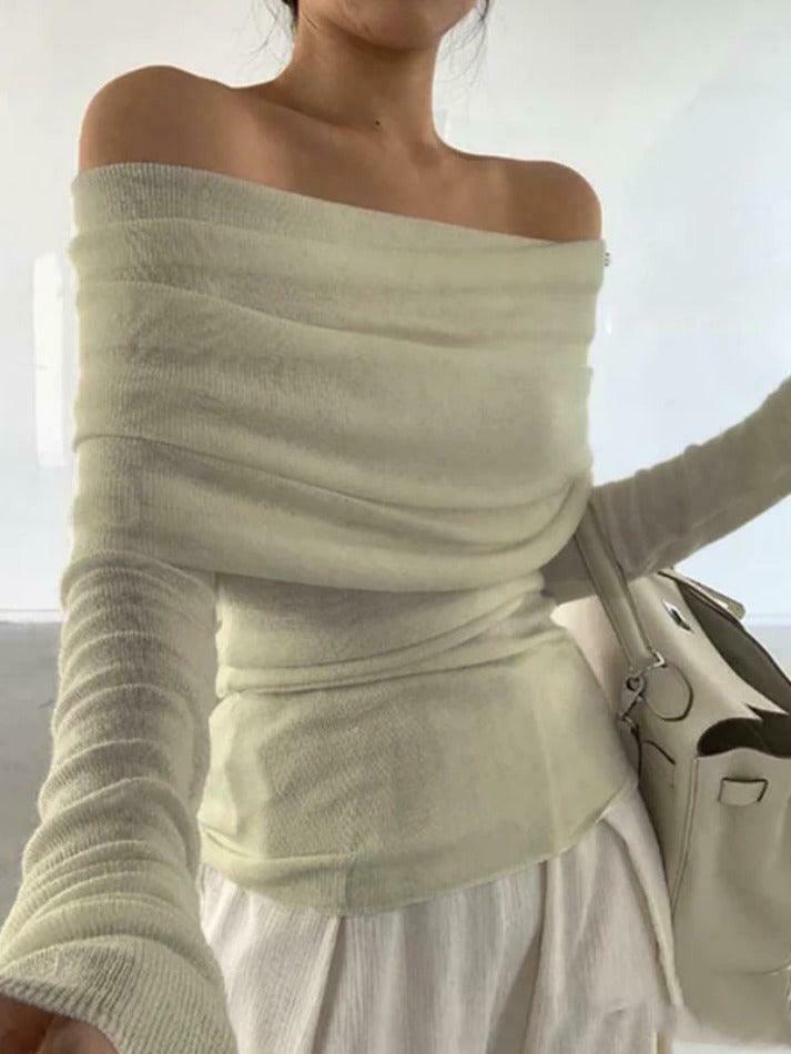 French Off Shoulder Slim Long Sleeve Knit Sweater - Y2K Fashion Coquette Aesthetic Grunge Style French Off Shoulder Slim Long Sleeve Knit Sweater - Y2K Fashion Coquette Aesthetic Grunge Style
