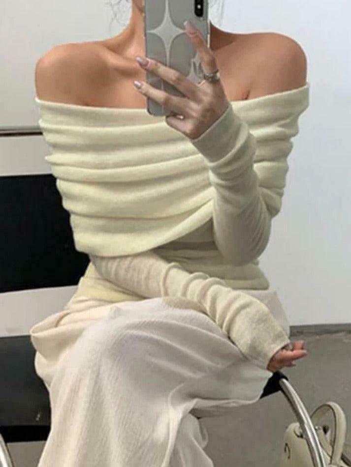 French Off Shoulder Slim Long Sleeve Knit Sweater - Y2K Fashion Coquette Aesthetic Grunge Style French Off Shoulder Slim Long Sleeve Knit Sweater - Y2K Fashion Coquette Aesthetic Grunge Style