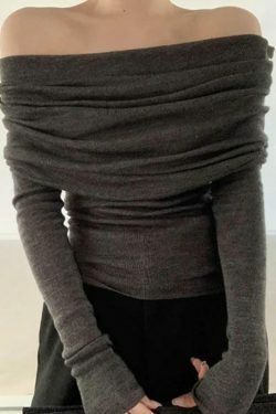 French Off Shoulder Slim Long Sleeve Knit Sweater - Y2K Fashion Coquette Aesthetic Grunge Style
