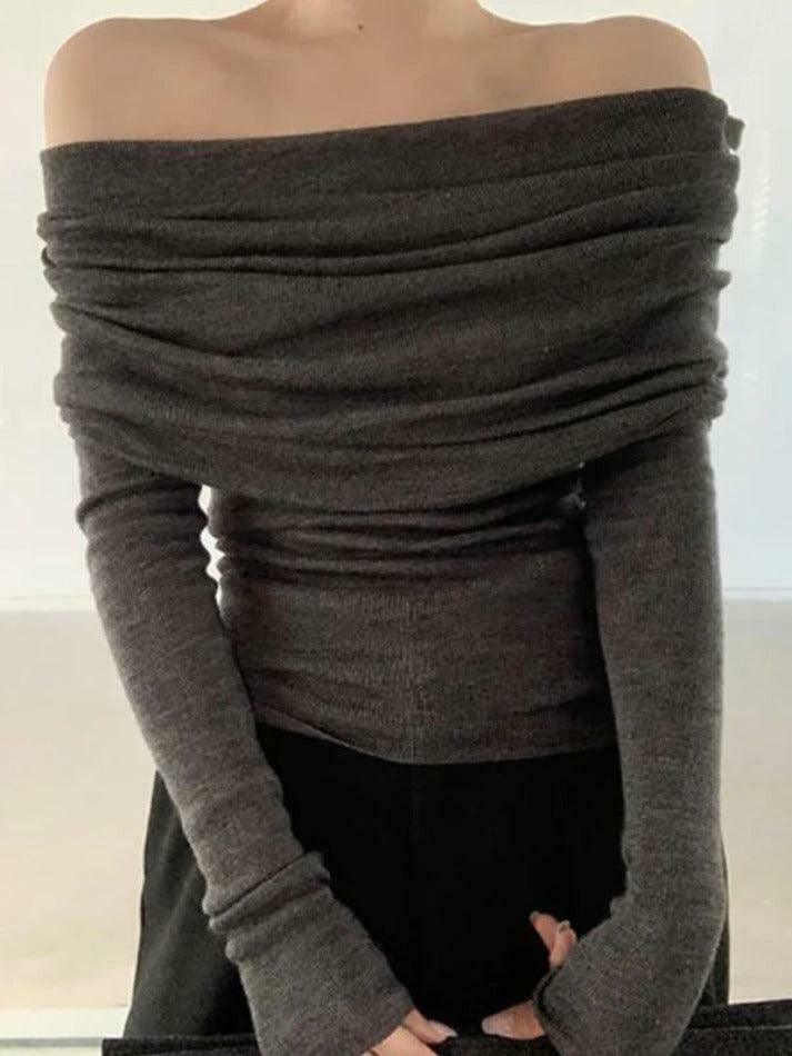 French Off Shoulder Slim Long Sleeve Knit Sweater - Y2K Fashion Coquette Aesthetic Grunge Style French Off Shoulder Slim Long Sleeve Knit Sweater - Y2K Fashion Coquette Aesthetic Grunge Style