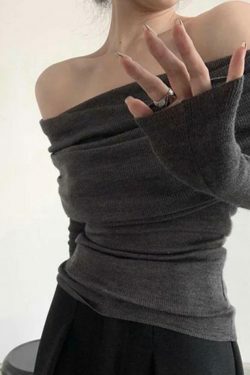 French Off Shoulder Slim Long Sleeve Knit Sweater - Y2K Fashion Coquette Aesthetic Grunge Style