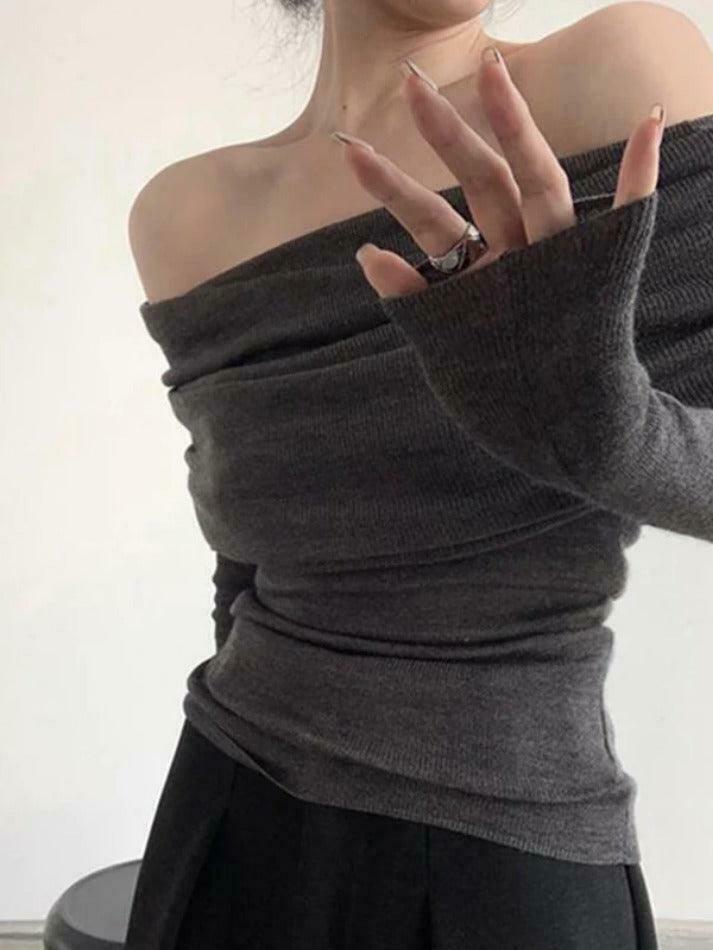French Off Shoulder Slim Long Sleeve Knit Sweater - Y2K Fashion Coquette Aesthetic Grunge Style French Off Shoulder Slim Long Sleeve Knit Sweater - Y2K Fashion Coquette Aesthetic Grunge Style