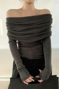 French Off Shoulder Slim Long Sleeve Knit Sweater - Y2K Fashion Coquette Aesthetic Grunge Style