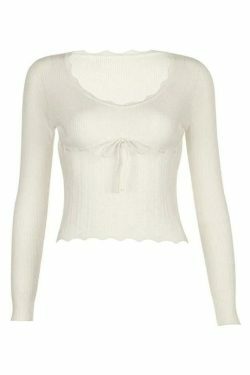 French Solid Pointelle Wavy Trim Lacing Sweater in Coquette Aesthetic
