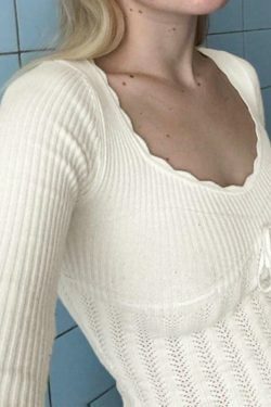 French Solid Pointelle Wavy Trim Lacing Sweater in Coquette Aesthetic