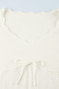 French Solid Pointelle Wavy Trim Lacing Sweater in Coquette Aesthetic