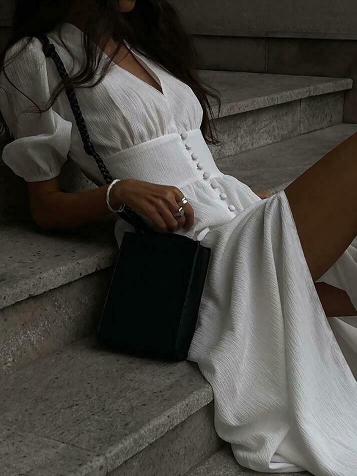 Frenchy Button Split Long Dress - Y2K Fashion Statement with Coquette Aesthetic and Grunge Style