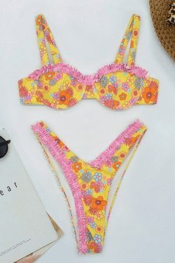 Frill Trim Floral Bikini Set - Y2K Fashion Swimwear with Coquette Aesthetic and Grunge Style