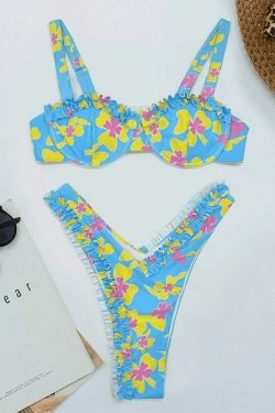 Frill Trim Floral Bikini Set - Y2K Fashion Swimwear with Coquette Aesthetic and Grunge Style