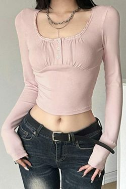 Frill Trim Square Neck Long Sleeve Tee - Y2K Fashion Aesthetic with Coquette and Grunge Style