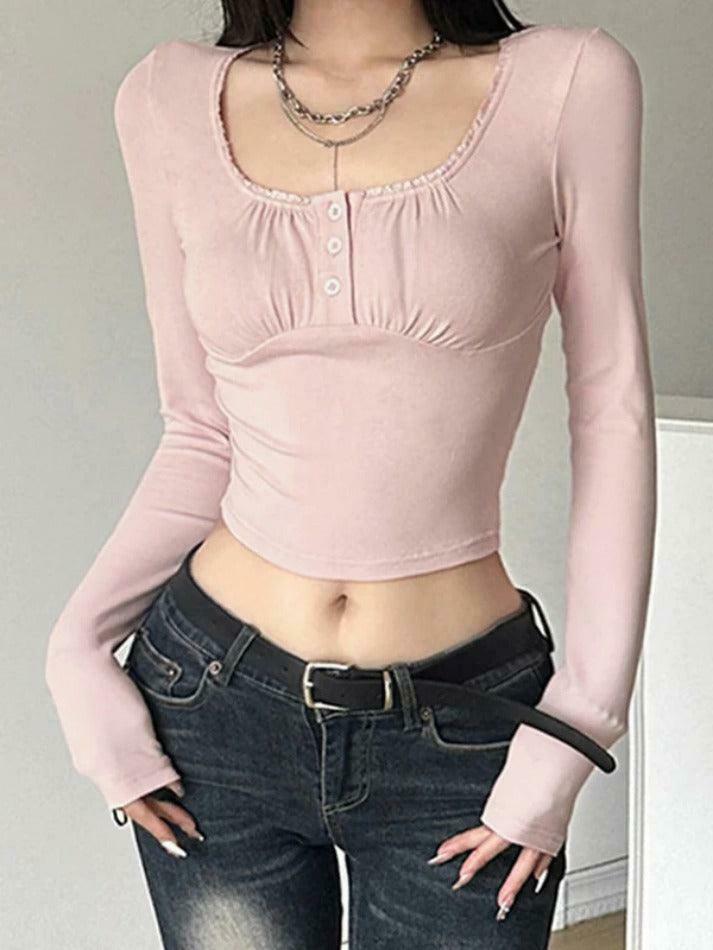Frill Trim Square Neck Long Sleeve Tee - Y2K Fashion Aesthetic with Coquette and Grunge Style