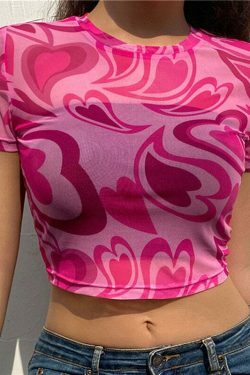 Fuchsia Heart Mesh Top - Y2K Coquette Grunge Aesthetic Cute Tops Pastel Goth
