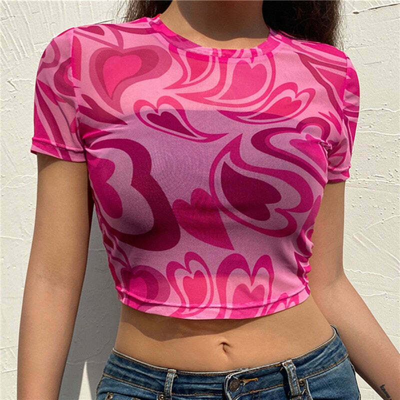 Fuchsia Heart Mesh Top - Y2K Coquette Grunge Aesthetic Cute Tops Pastel Goth Fuchsia Heart Mesh Top - Y2K Coquette Grunge Aesthetic Cute Tops Pastel Goth