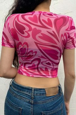 Fuchsia Heart Mesh Top - Y2K Coquette Grunge Aesthetic Cute Tops Pastel Goth
