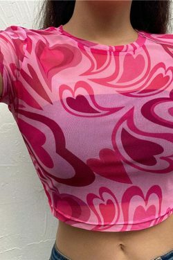 Fuchsia Heart Mesh Top - Y2K Coquette Grunge Aesthetic Cute Tops Pastel Goth