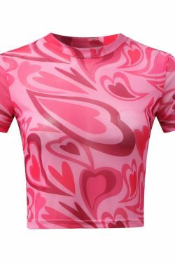 Fuchsia Heart Mesh Top - Y2K Coquette Grunge Aesthetic Cute Tops Pastel Goth