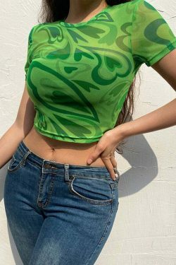 Fuchsia Heart Mesh Top - Y2K Coquette Grunge Aesthetic Cute Tops Pastel Goth