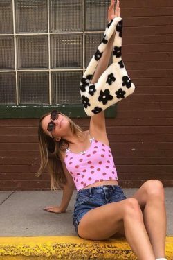 Fuzzy Floral Pattern Baguette Bag - Y2K Fashion Accessory with Coquette Aesthetic and Grunge Style