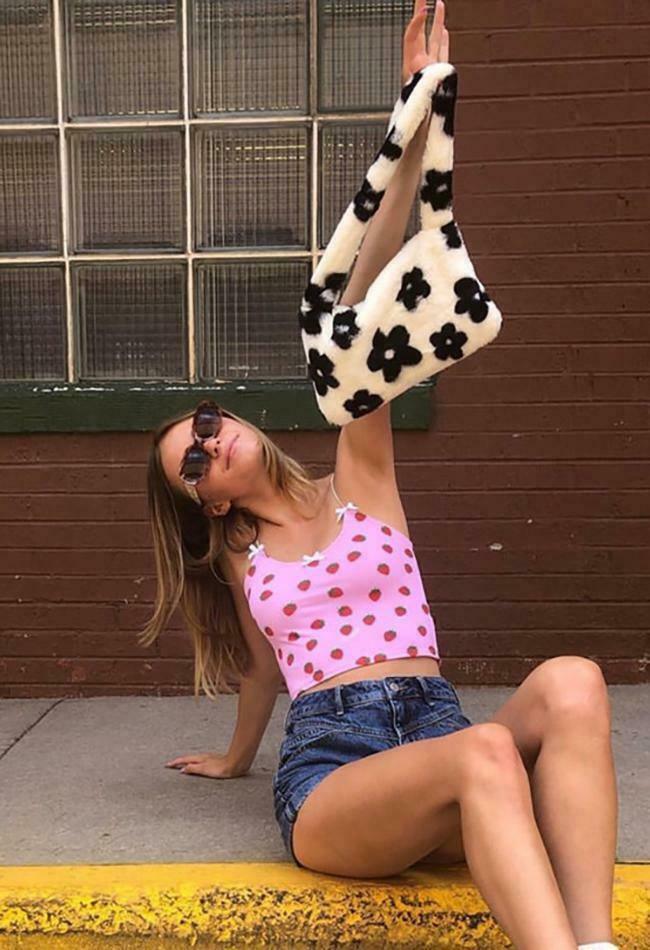 Fuzzy Floral Pattern Baguette Bag - Y2K Fashion Accessory with Coquette Aesthetic and Grunge Style