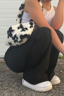 Fuzzy Floral Pattern Baguette Bag - Y2K Fashion Accessory with Coquette Aesthetic and Grunge Style