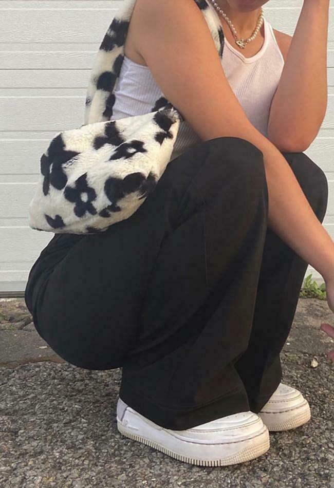 Fuzzy Floral Pattern Baguette Bag - Y2K Fashion Accessory with Coquette Aesthetic and Grunge Style