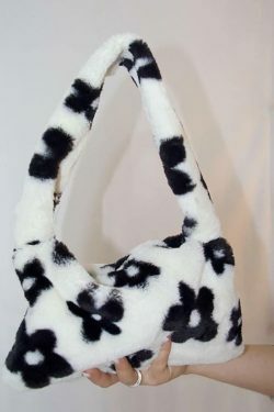 Fuzzy Floral Pattern Baguette Bag - Y2K Fashion Accessory with Coquette Aesthetic and Grunge Style