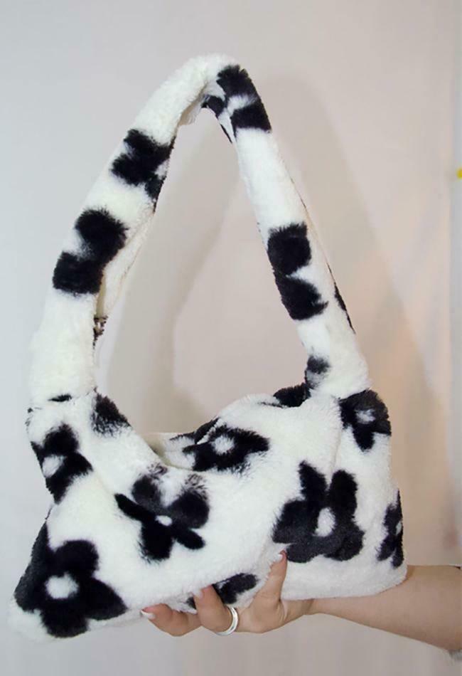 Fuzzy Floral Pattern Baguette Bag - Y2K Fashion Accessory with Coquette Aesthetic and Grunge Style