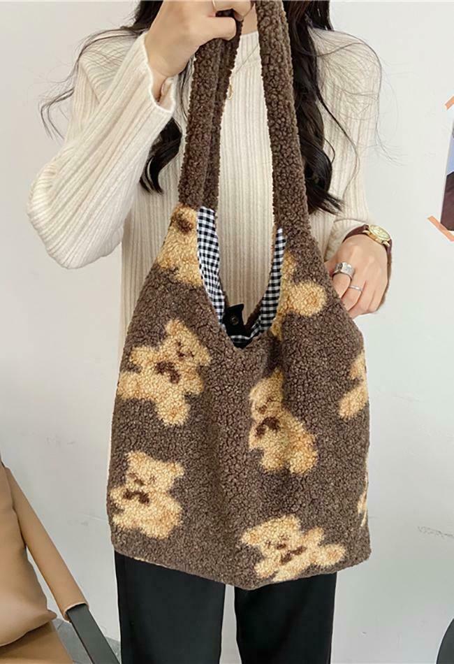 Fuzzy Teddy Bear Reversible Shoulder Bag - Y2K Fashion Statement for Coquette Aesthetic Lovers