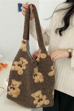 Fuzzy Teddy Bear Reversible Shoulder Bag - Y2K Fashion Statement for Coquette Aesthetic Lovers