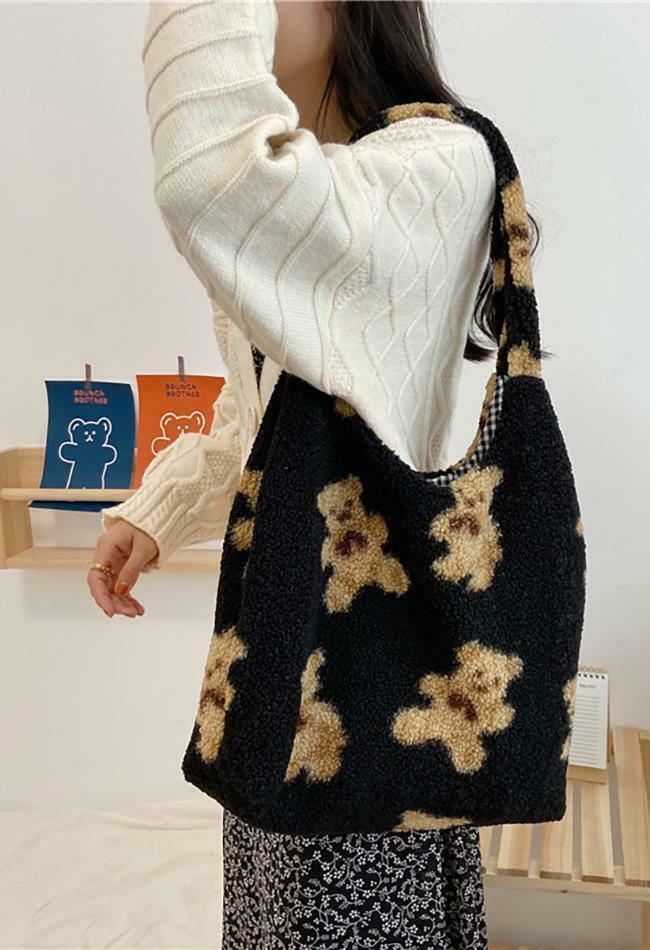 Fuzzy Teddy Bear Reversible Shoulder Bag - Y2K Fashion Statement for Coquette Aesthetic Lovers