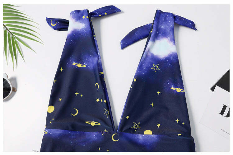 Galaxy Print Tie Shoulder Swimsuit - Y2K Fashion - Coquette Aesthetic - Gr