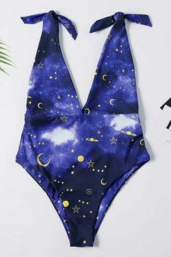 Galaxy Print Tie Shoulder Swimsuit - Y2K Fashion - Coquette Aesthetic - Gr