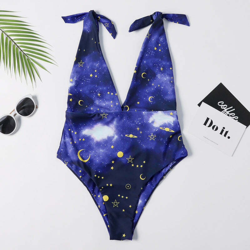 Galaxy Print Tie Shoulder Swimsuit - Y2K Fashion - Coquette Aesthetic - Gr