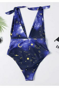 Galaxy Print Tie Shoulder Swimsuit - Y2K Fashion - Coquette Aesthetic - Gr