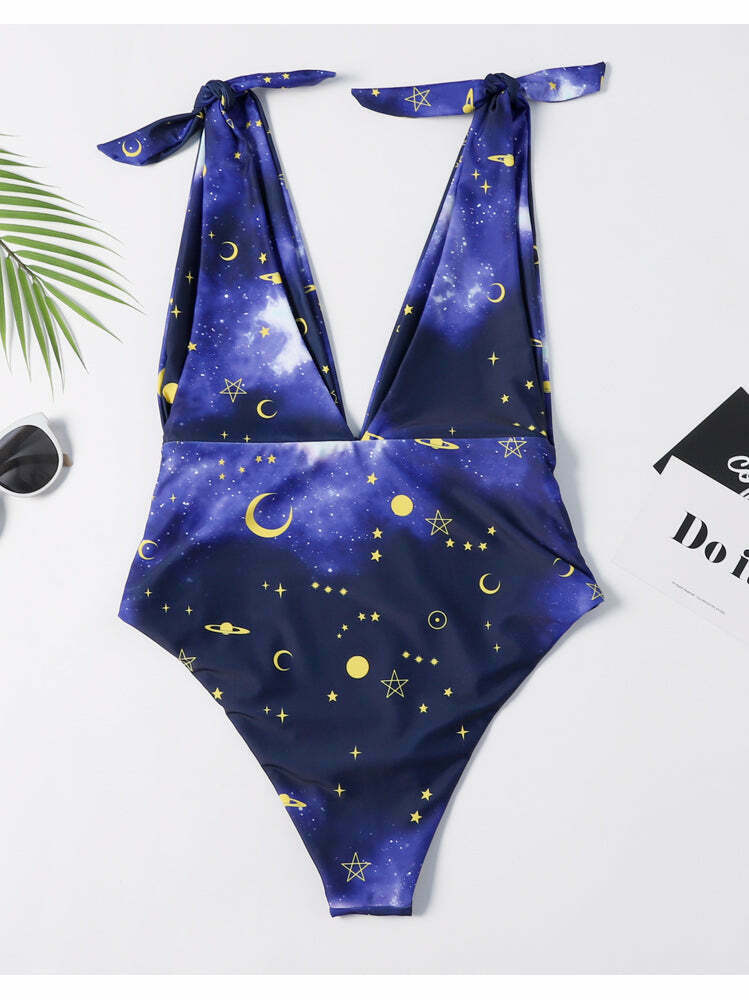 Galaxy Print Tie Shoulder Swimsuit - Y2K Fashion - Coquette Aesthetic - Gr