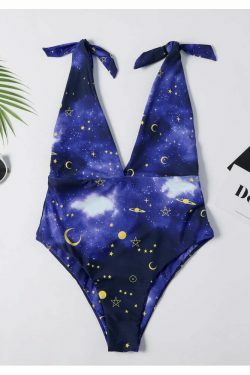 Galaxy Print Tie Shoulder Swimsuit - Y2K Fashion - Coquette Aesthetic - Gr