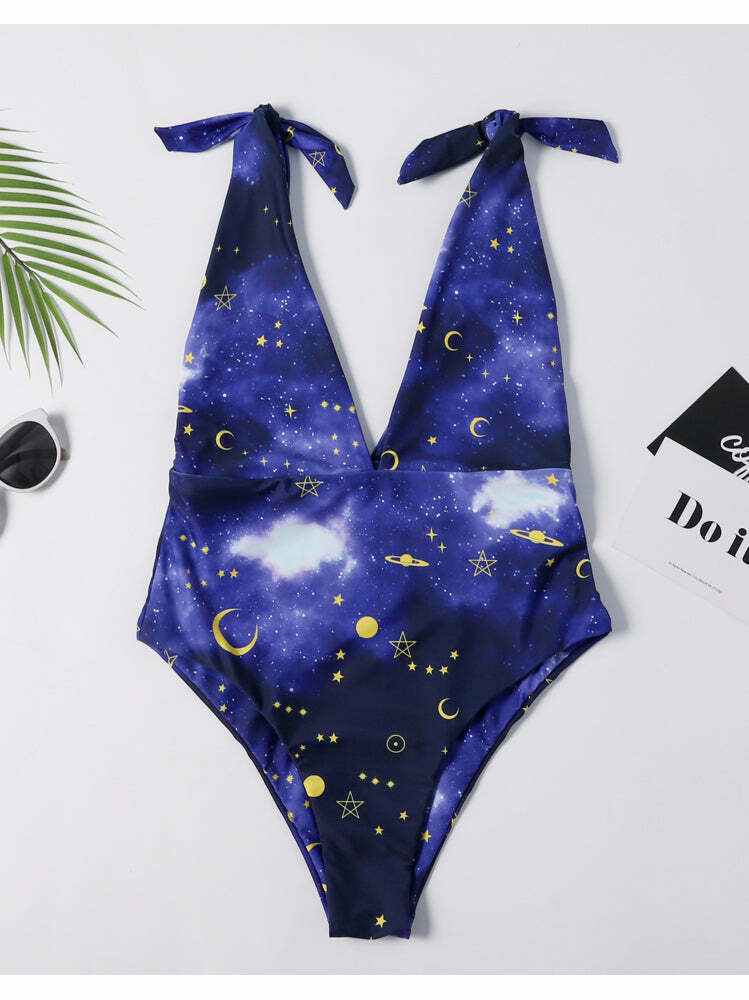 Galaxy Print Tie Shoulder Swimsuit - Y2K Fashion - Coquette Aesthetic - Gr